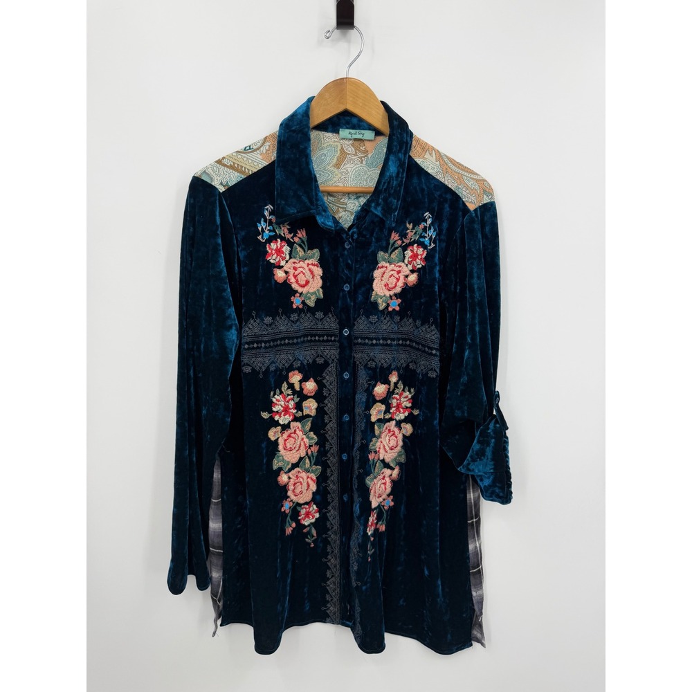 April Sky Mixed Media Velvet Tunic Women 1X Teal Floral Paisley Plaid P12583